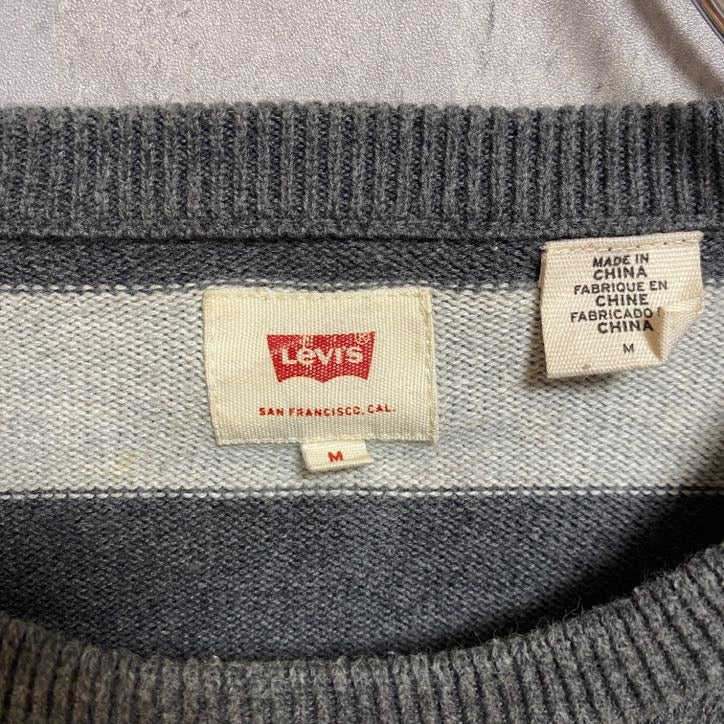Levi's リーバイス　長袖ボーダーニット　セーター　ロゴタグ　クルーネック　グレー　灰色　ホワイト　Mサイズ　古着