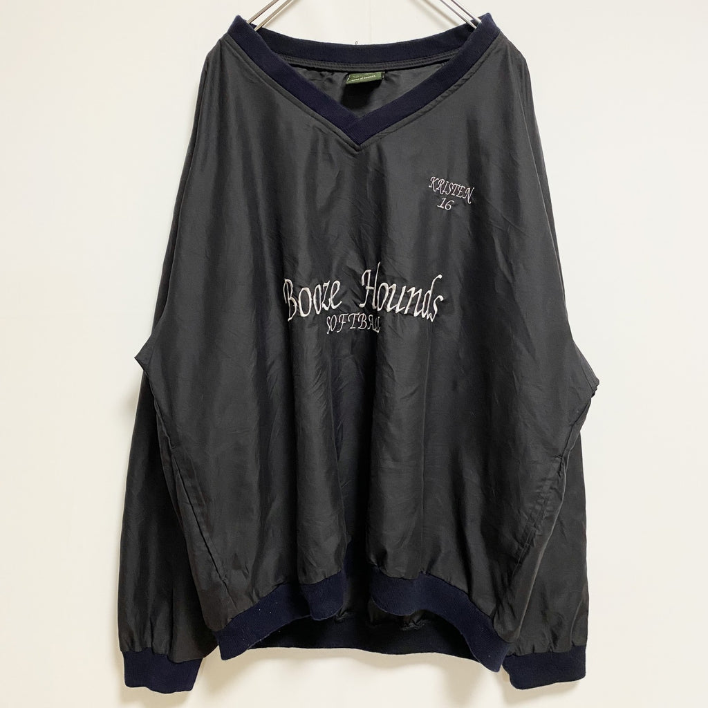 WP　長袖Vネックナイロンプルオーバー　ロゴ刺繍　Booze Hounds　ソフトボール　黒　ブラック　Lサイズ　古着