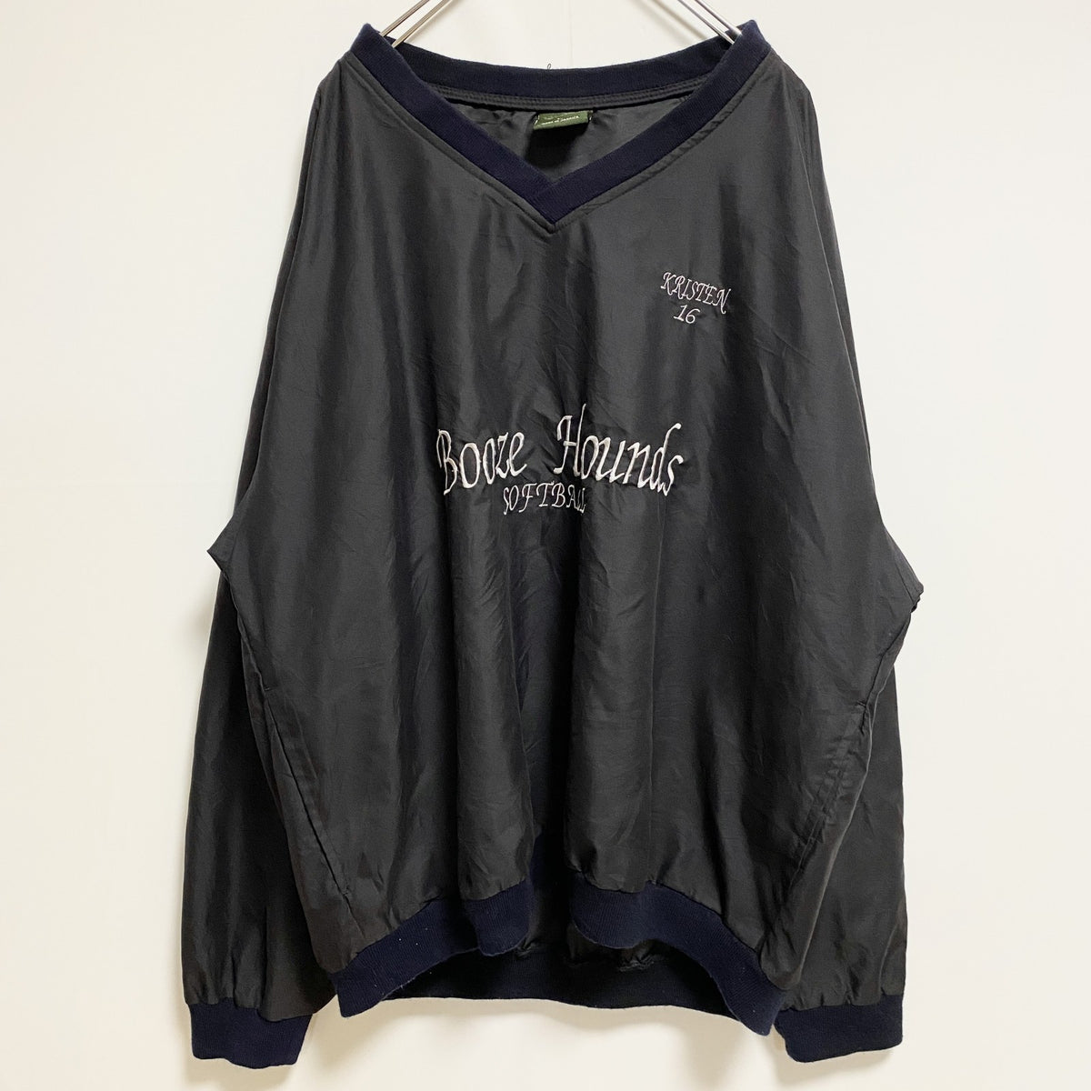 WP　長袖Vネックナイロンプルオーバー　ロゴ刺繍　Booze Hounds　ソフトボール　黒　ブラック　Lサイズ　古着