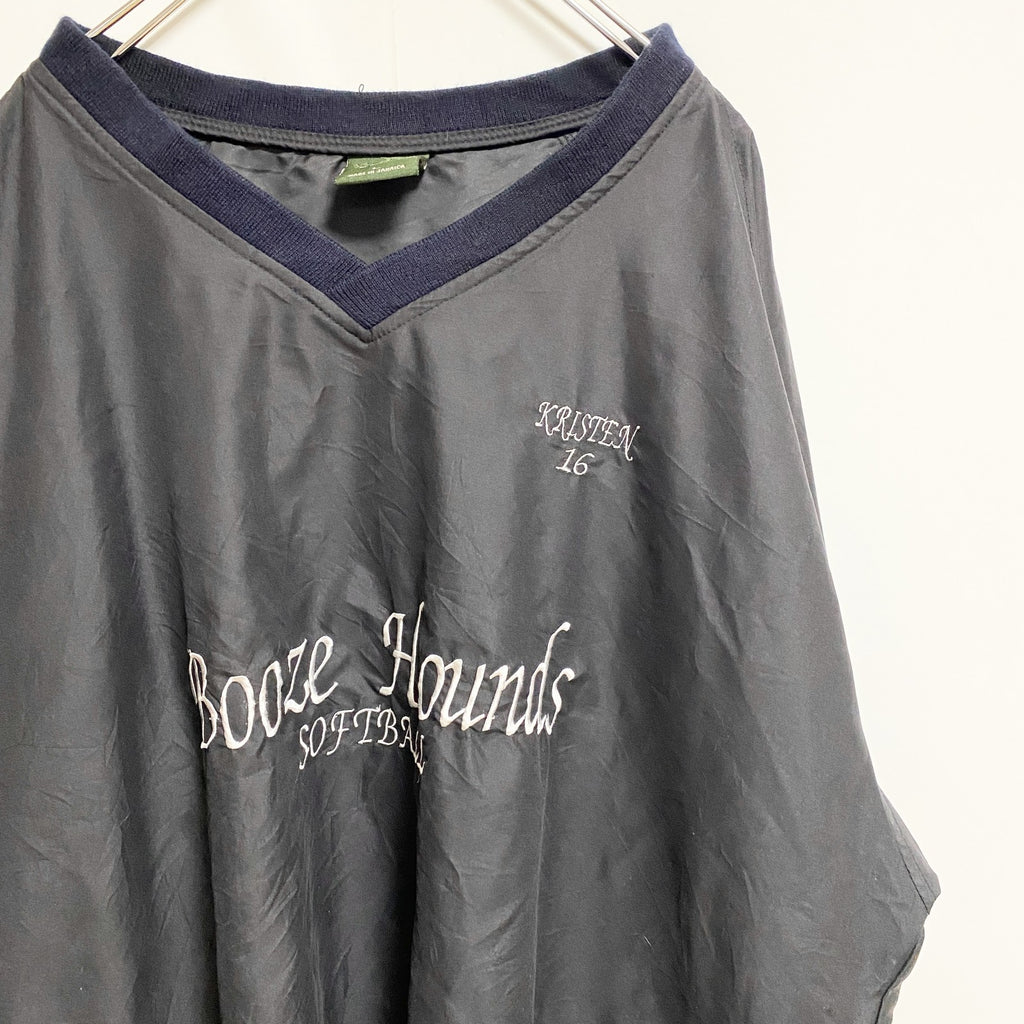 WP　長袖Vネックナイロンプルオーバー　ロゴ刺繍　Booze Hounds　ソフトボール　黒　ブラック　Lサイズ　古着