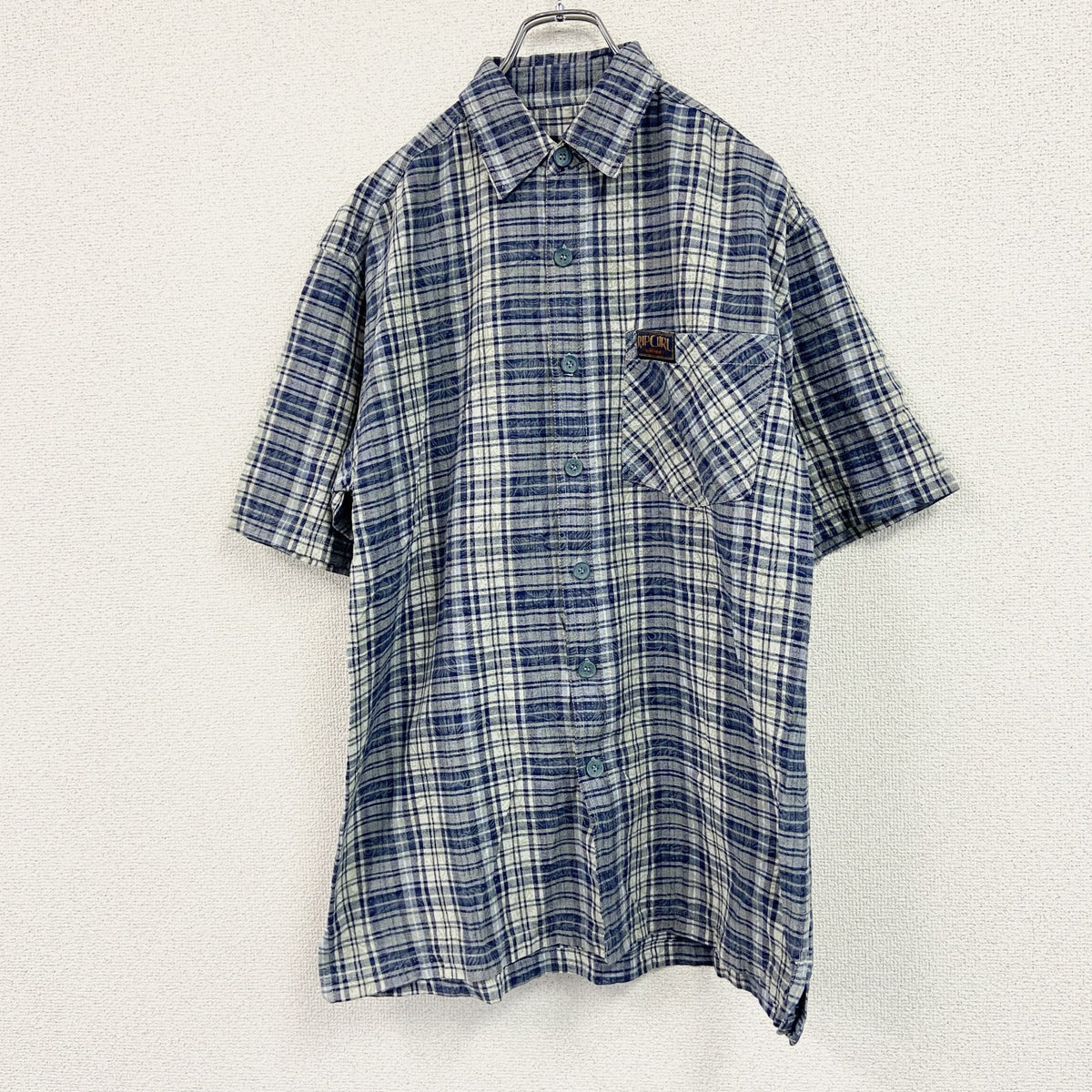 RIP CURL　リップカール　半袖シャツ　総柄　チェック柄　青　ブルー　Pサイズ　古着