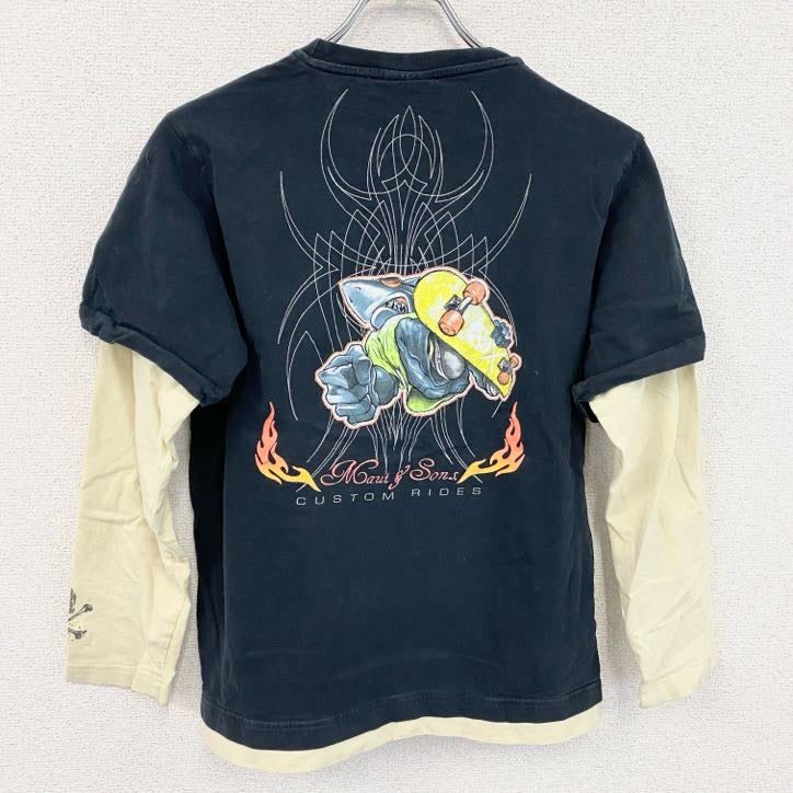MAUI　長袖Tシャツ/ロンT　フェイクレイヤード　バイカラー　黒　ブラック　アイボリー　XXL13－14サイズ　古着