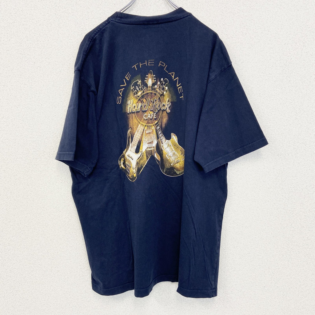 Hard Rock CAFE 　半袖プリントビッグTシャツ　レストラン　クルーネック　ネイビー　紺　XLサイズ　古着