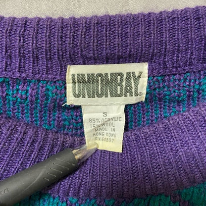 古着 used　UNIONBAY　長袖3Dニット　セーター　レトロデザイン　総柄　クルーネック　パープル　秋冬服