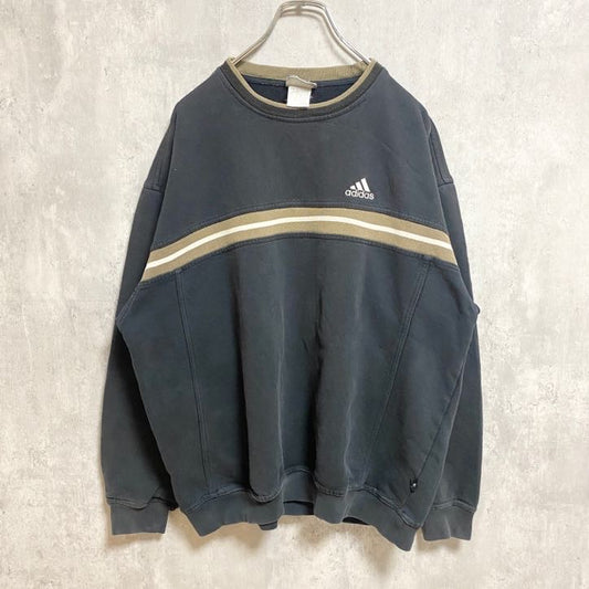 古着 used　90s　adidas アディダス　長袖スウェット　トレーナー　ロゴ刺繍　ライン入り　クルーネック　Lサイズ