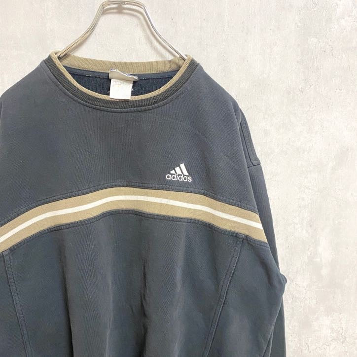 古着 used　adidas アディダス　90s　長袖スウェット　トレーナー　ロゴ刺繍　ライン入り　クルーネック　Lサイズ