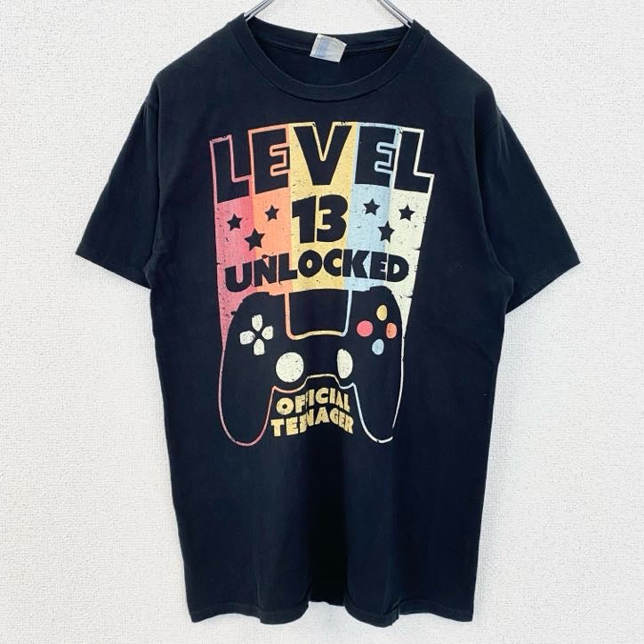 PORT&COMPANY　半袖ビッグプリントTシャツ　ゲーム　ゲーマー　レベル13　ロック解除　黒　ブラック　Sサイズ　古着