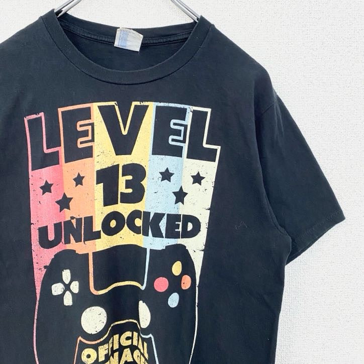 PORT&COMPANY　半袖ビッグプリントTシャツ　ゲーム　ゲーマー　レベル13　ロック解除　黒　ブラック　Sサイズ　古着