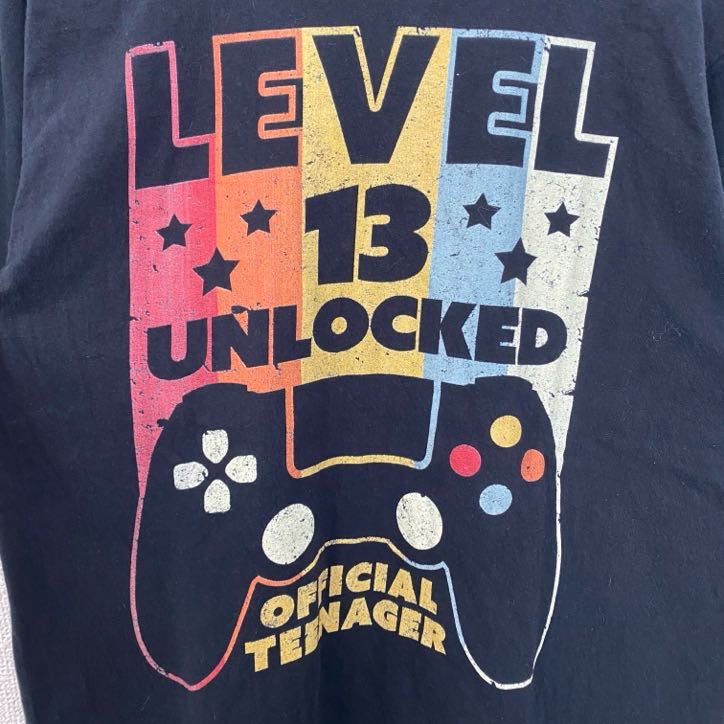 PORT&COMPANY　半袖ビッグプリントTシャツ　ゲーム　ゲーマー　レベル13　ロック解除　黒　ブラック　Sサイズ　古着