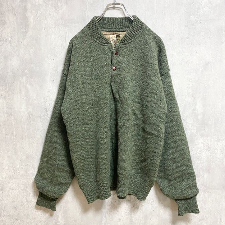 古着 used　Cabela's カベラス　ヴィンテージ　長袖ハーフボタンニット　セーター　カーキ　肘あて　秋冬服　Lサイズ