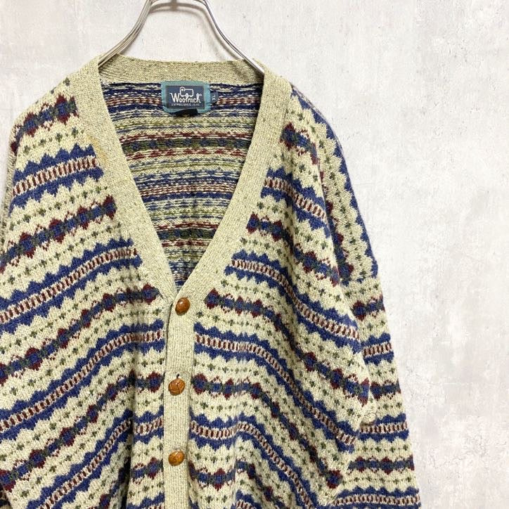 古着 used　WOOLRICH ウールリッチ　長袖ニットカーディガン　デザインセーター　総柄　ビックシルエット　XLサイズ