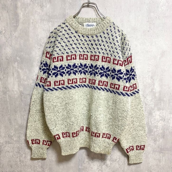CASCADE 　長袖クルーネックニット　セーター　厚手　ノルディック柄　雪　北欧　レトロデザイン　Mサイズ　古着