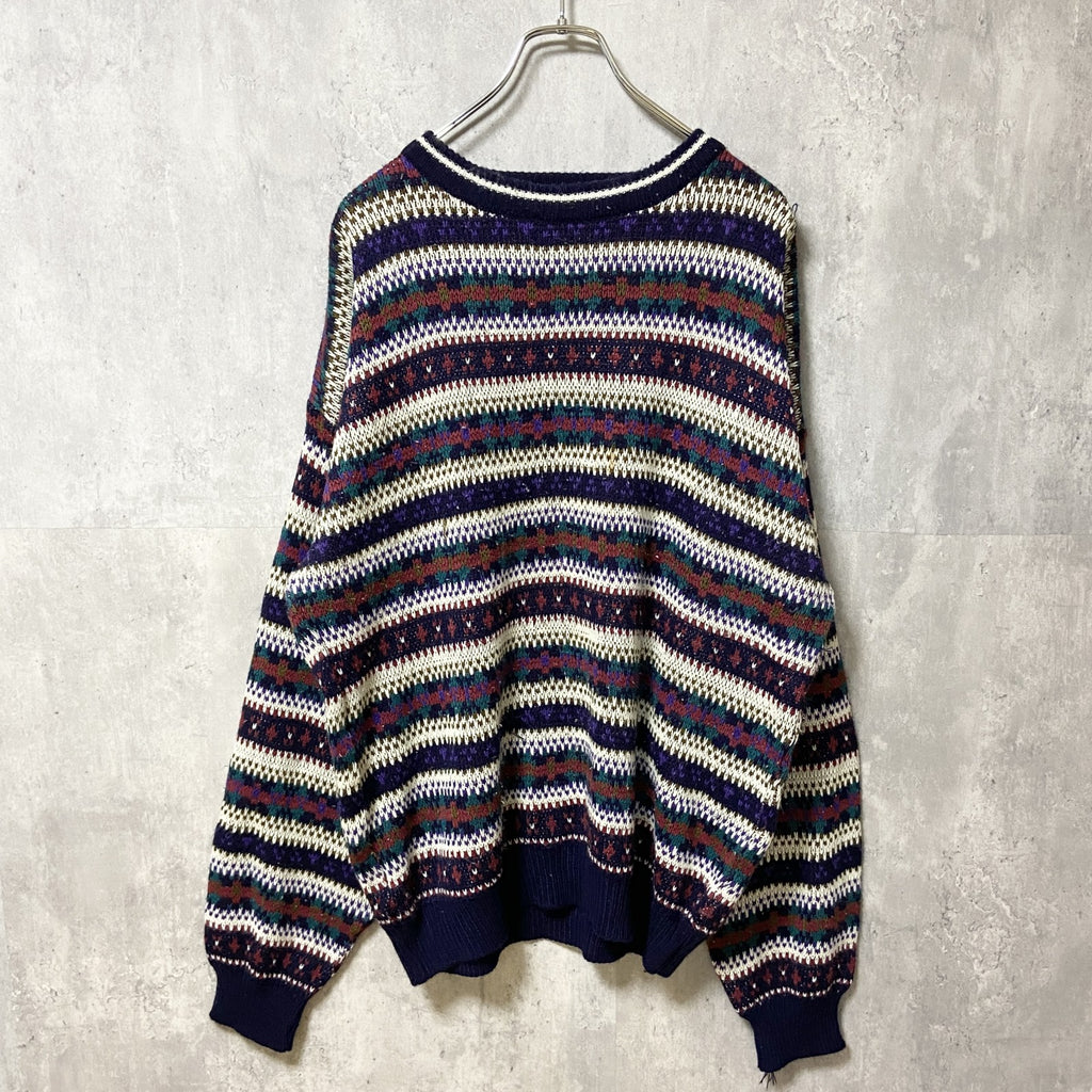 ～90s　TREND BASICS　アクリルニットセーター　ボーダー柄　総柄　ヴィンテージ　紺　ネイビー　XLサイズ　古着