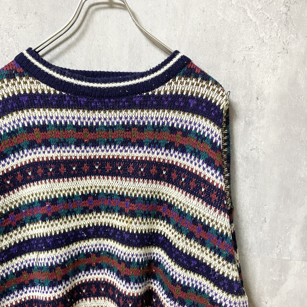 ～90s　TREND BASICS　アクリルニットセーター　ボーダー柄　総柄　ヴィンテージ　紺　ネイビー　XLサイズ　古着