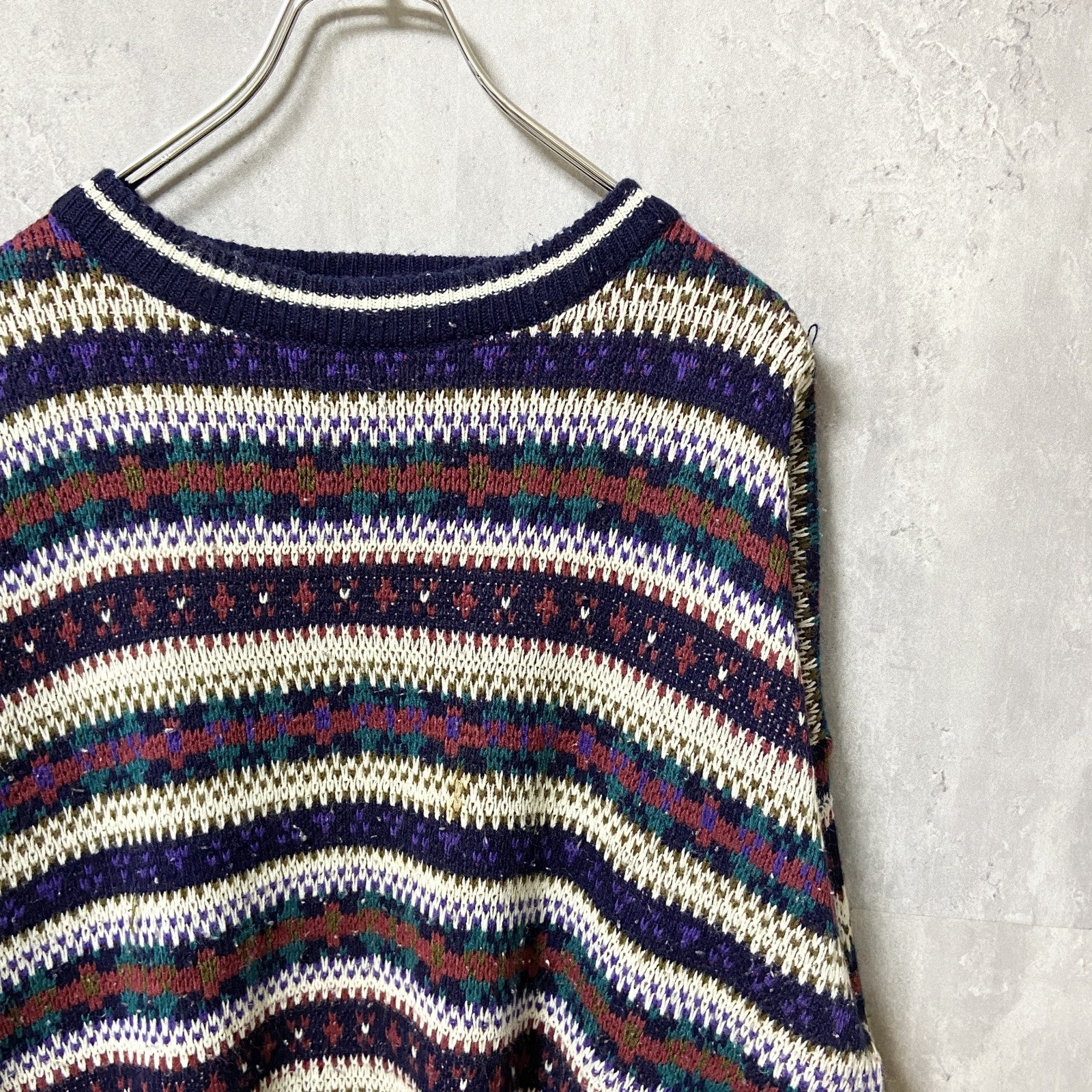～90s　TREND BASICS　アクリルニットセーター　ボーダー柄　総柄　ヴィンテージ　紺　ネイビー　XLサイズ　古着