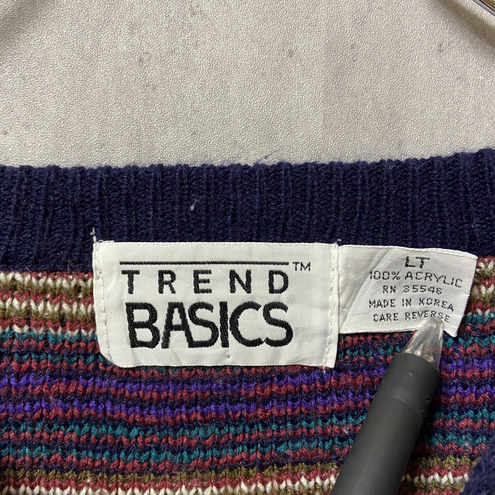 ～90s　TREND BASICS　アクリルニットセーター　ボーダー柄　総柄　ヴィンテージ　紺　ネイビー　XLサイズ　古着