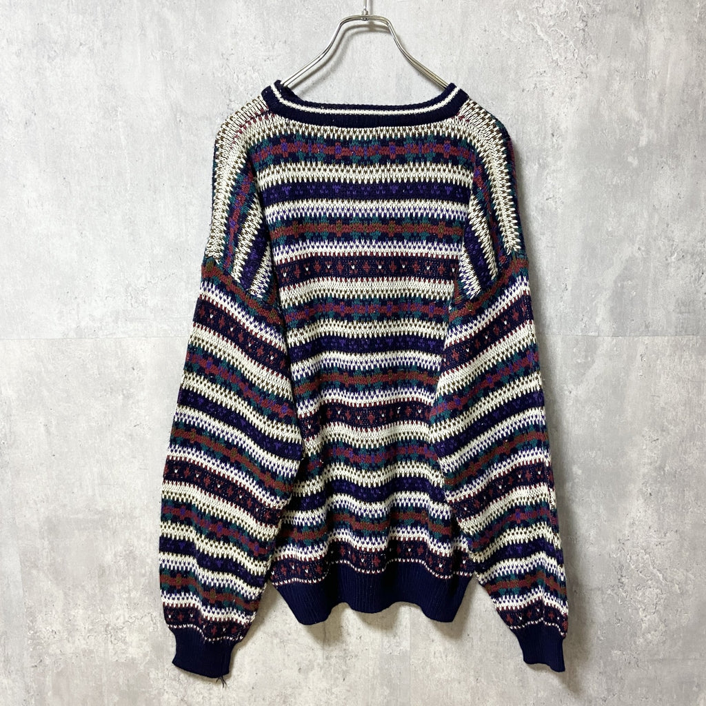 ～90s　TREND BASICS　アクリルニットセーター　ボーダー柄　総柄　ヴィンテージ　紺　ネイビー　XLサイズ　古着