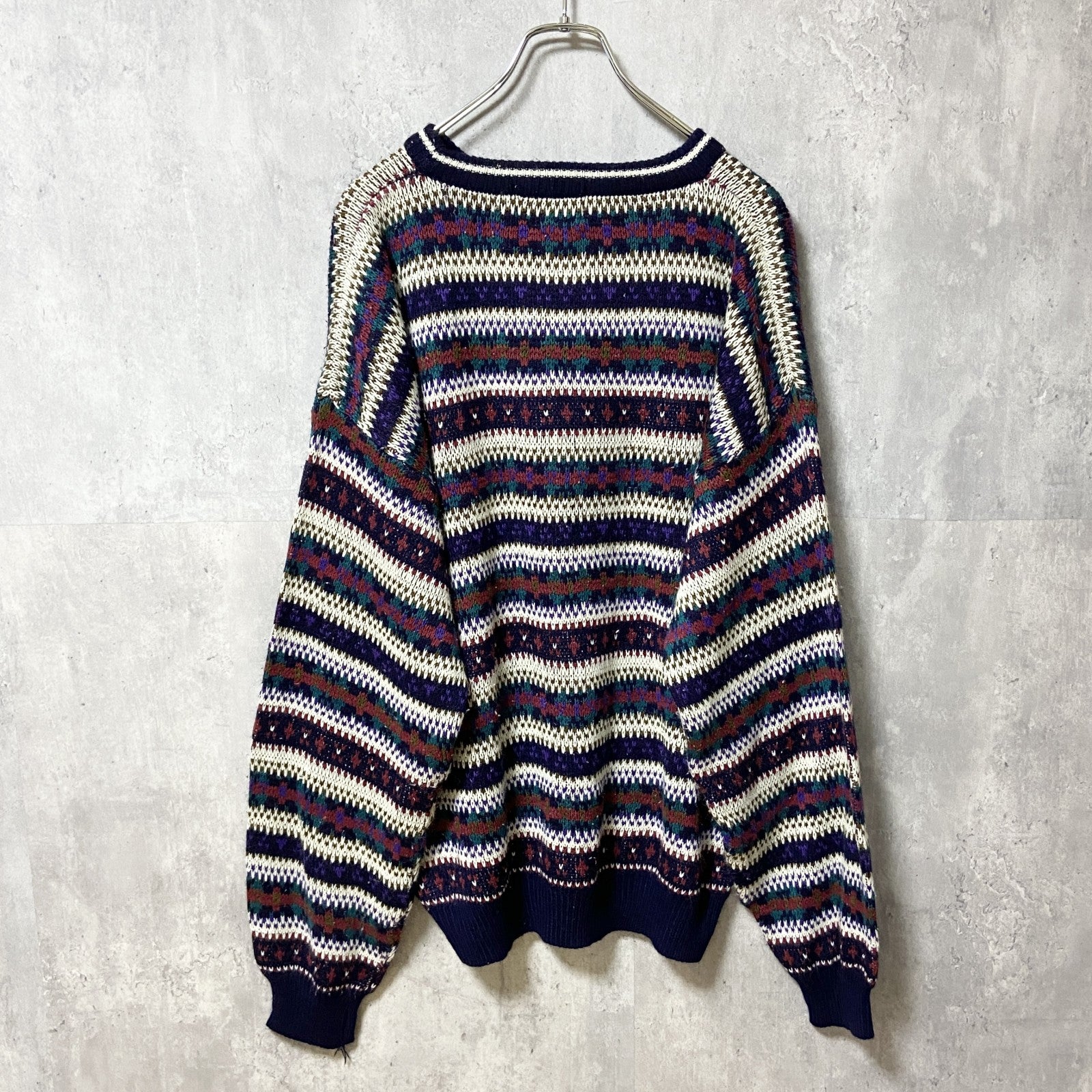 ～90s　TREND BASICS　アクリルニットセーター　ボーダー柄　総柄　ヴィンテージ　紺　ネイビー　XLサイズ　古着