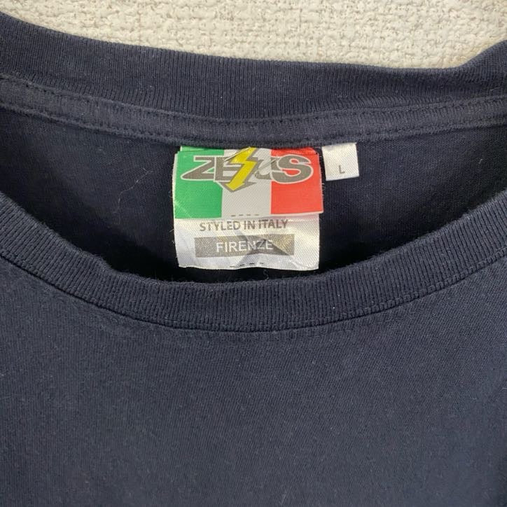 半袖刺繍Tシャツ　ITALIA　イタリア　国旗　クルーネック　レトロデザイン　紺　ネイビー　Lサイズ　古着
