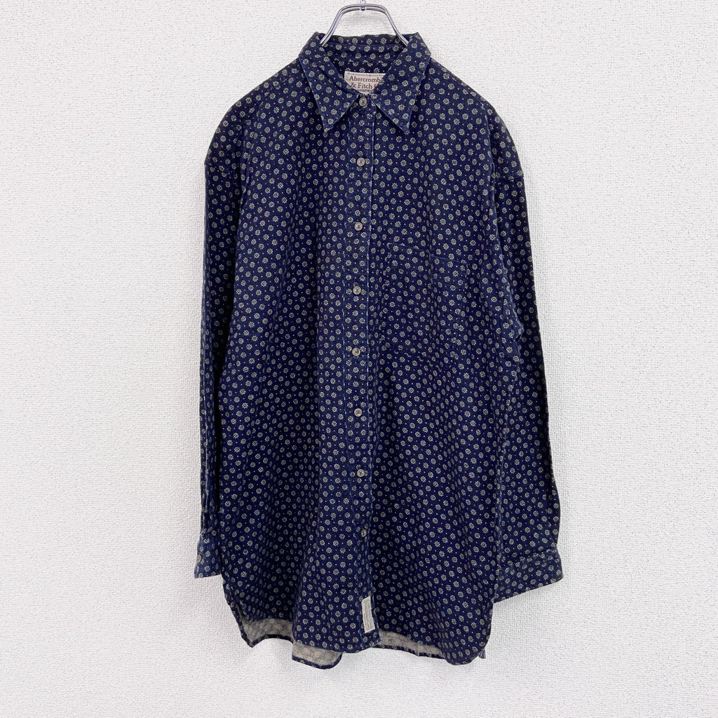 ～90s　Abercrombie&Fitch　アバクロンビー&フィッチ　プリントネルシャツ　総柄　紺　Lサイズ　　ヴィンテージ　古着