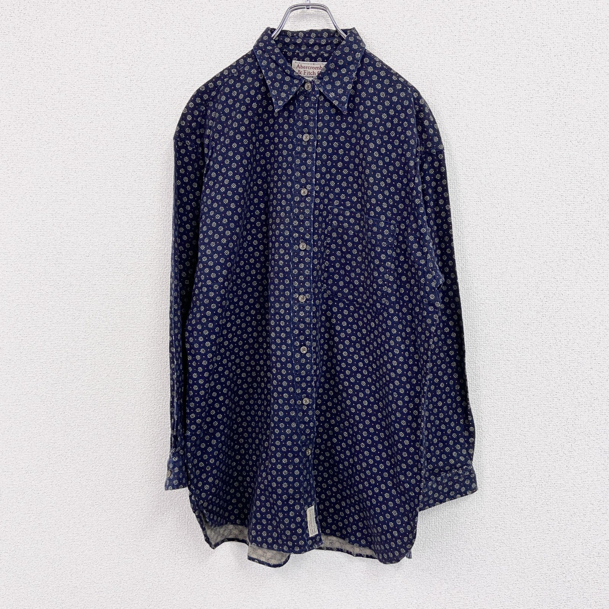 ～90s　Abercrombie&Fitch　アバクロンビー&フィッチ　プリントネルシャツ　総柄　紺　Lサイズ　　ヴィンテージ　古着