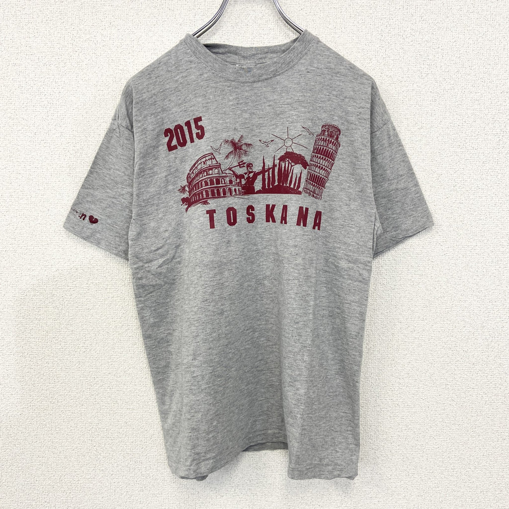 sg　半袖プリントTシャツ　TOSKANA　2015　カジュアルデザイン　クルーネック　レトロ　グレー　灰色　Sサイズ　古着