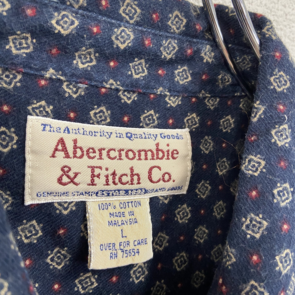 ～90s　Abercrombie&Fitch　アバクロンビー&フィッチ　プリントネルシャツ　総柄　紺　Lサイズ　　ヴィンテージ　古着