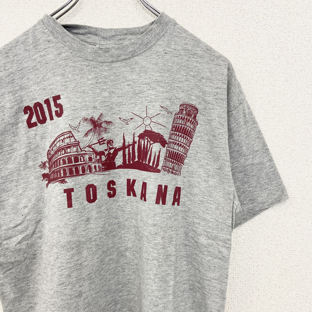 sg　半袖プリントTシャツ　TOSKANA　2015　カジュアルデザイン　クルーネック　レトロ　グレー　灰色　Sサイズ　古着