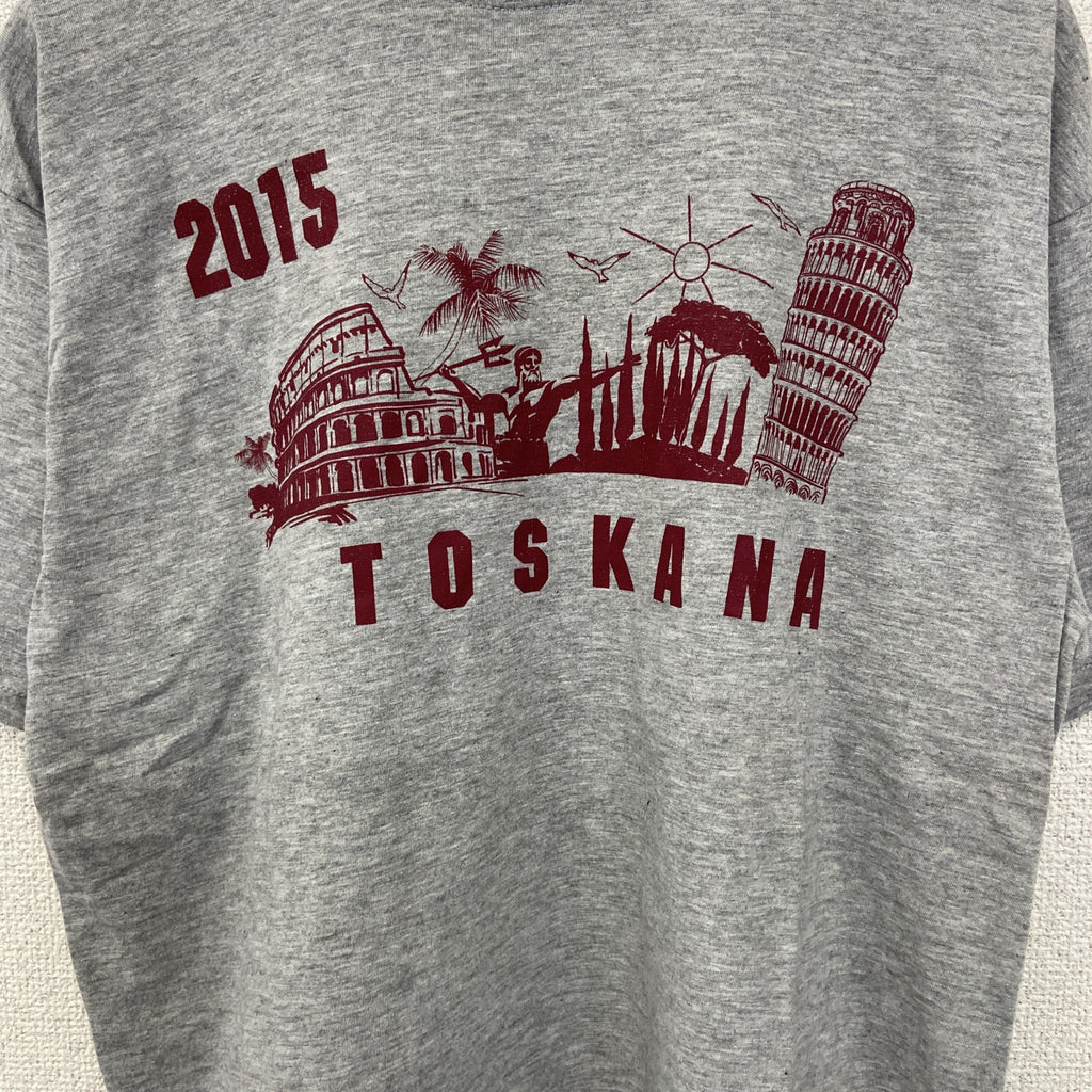 sg　半袖プリントTシャツ　TOSKANA　2015　カジュアルデザイン　クルーネック　レトロ　グレー　灰色　Sサイズ　古着