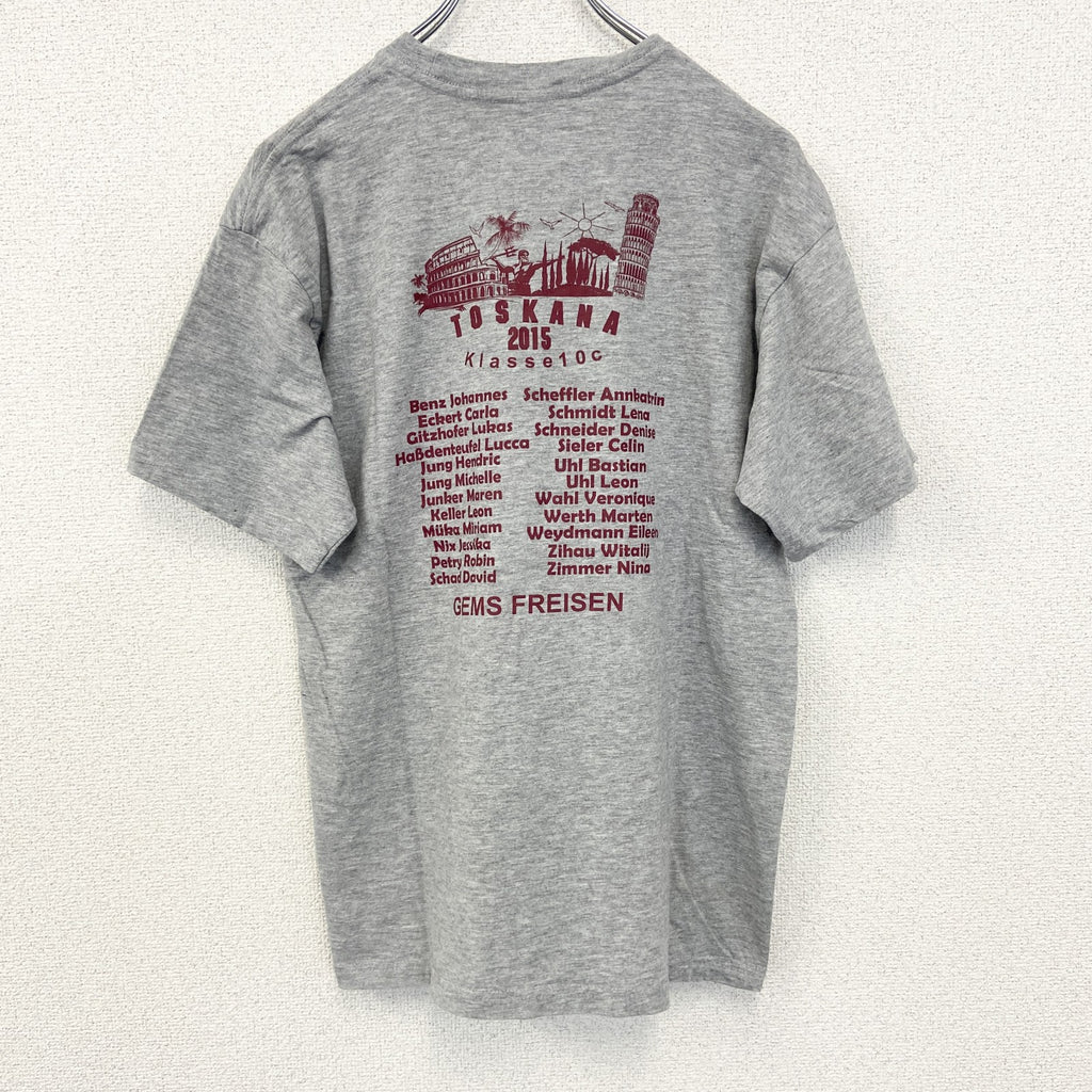 sg　半袖プリントTシャツ　TOSKANA　2015　カジュアルデザイン　クルーネック　レトロ　グレー　灰色　Sサイズ　古着