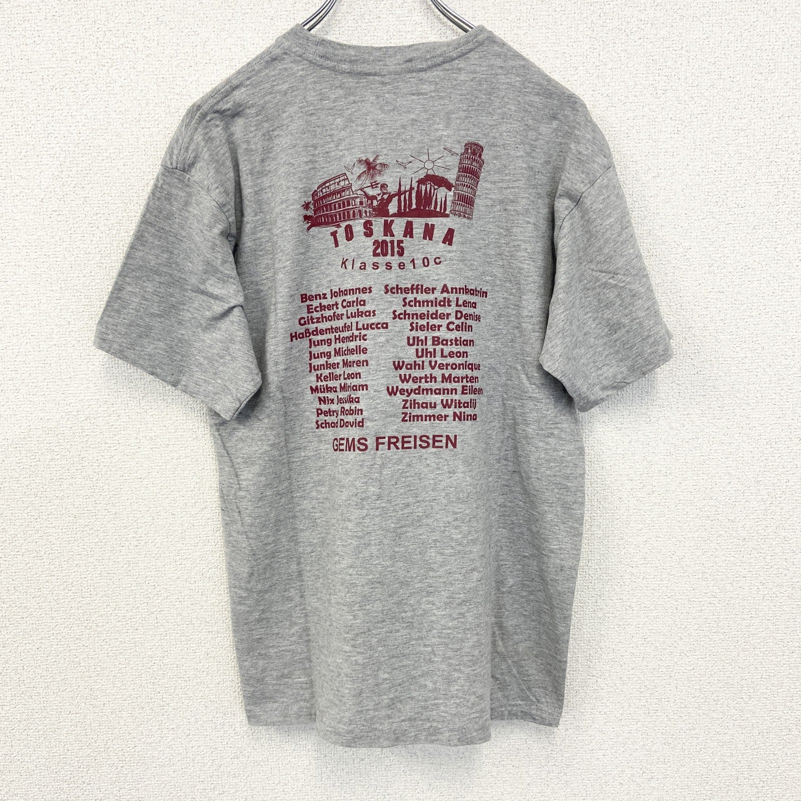 sg　半袖プリントTシャツ　TOSKANA　2015　カジュアルデザイン　クルーネック　レトロ　グレー　灰色　Sサイズ　古着