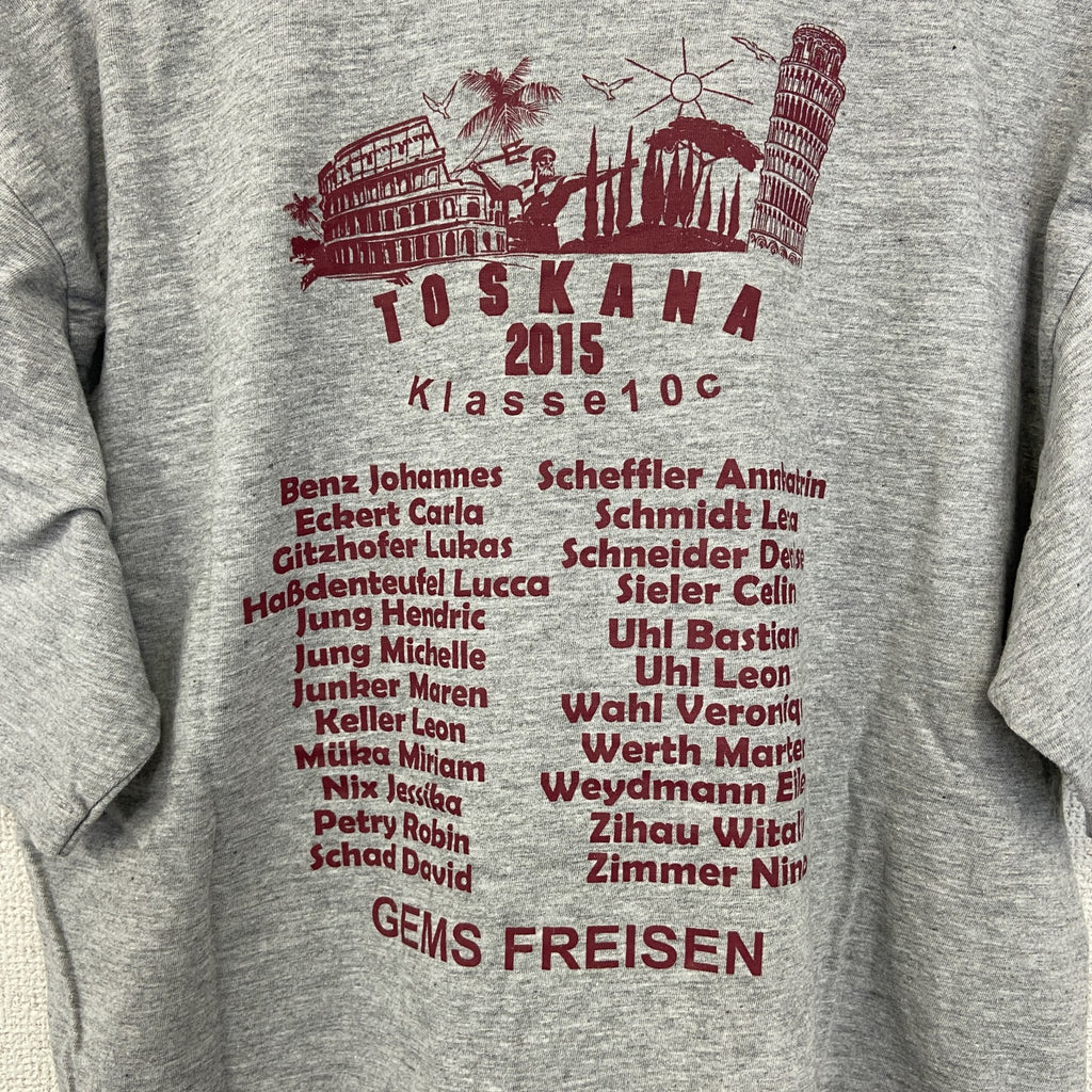 sg　半袖プリントTシャツ　TOSKANA　2015　カジュアルデザイン　クルーネック　レトロ　グレー　灰色　Sサイズ　古着