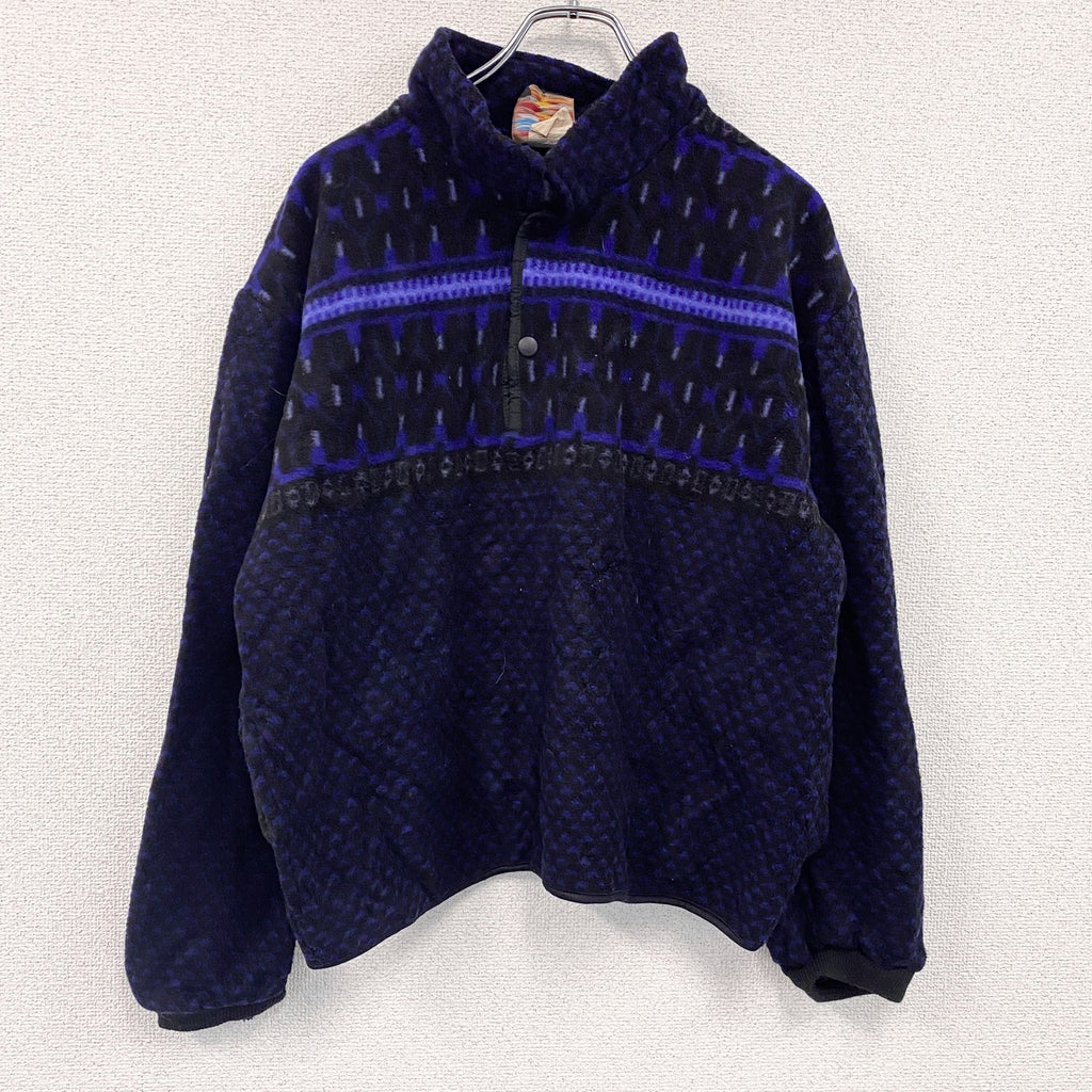 ～90s　SUNBUSTER　フリースプルオーバー　ヴィンテージ　総柄　紺　ネイビー　XLサイズ　古着