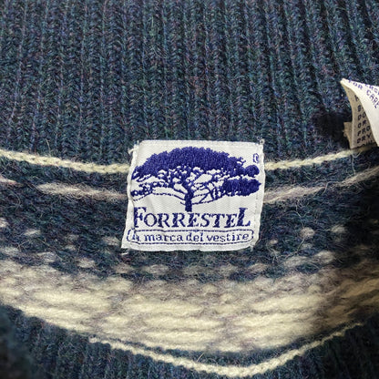 古着 used　FORRESTEL　90s　長袖ノルディックニット　セーター　レトロデザイン　緑　グリーン　白　秋冬服　Mサイズ