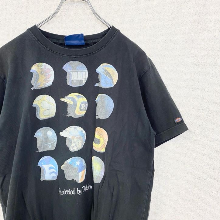Dickies　ディッキーズ　半袖プリントTシャツ　レトロ　クルーネック　ヘルメット　黒　ブラック　Mサイズ　古着