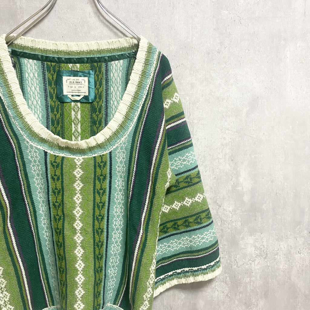 OLDNAVY　オールドネイビー　長袖総柄ニット　セーター　緑　グリーン　ヴィンテージ　レトロ　Sサイズ　古着