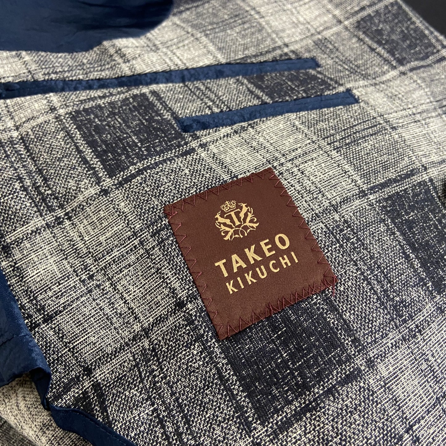 TAKEO KIKUCHI タケオ キクチ　リネン混合テーラードジャケット　ピークドラペル　チェック柄　グレー