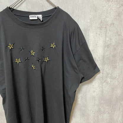 古着 used　半袖クルーネック刺繍Tシャツ　星柄　肩パッド付　黒　ブラック　ビッグシルエット　オーバーサイズ　XXLサイズ