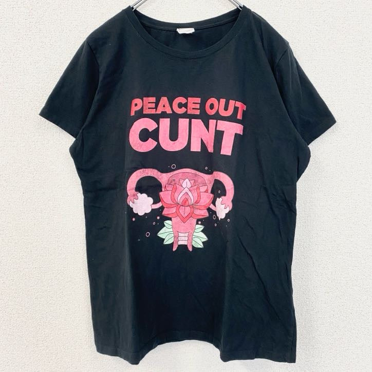 半袖プリントTシャツ　クルーネック　レトロデザイン　PEACE OUT　黒　ブラック　Lサイズ　古着