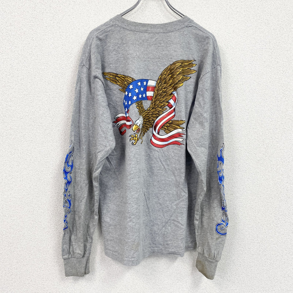 GILDAN　ギルダン　長袖プリントTシャツ/ロンT　袖プリント　灰色　グレー　Lサイズ　古着
