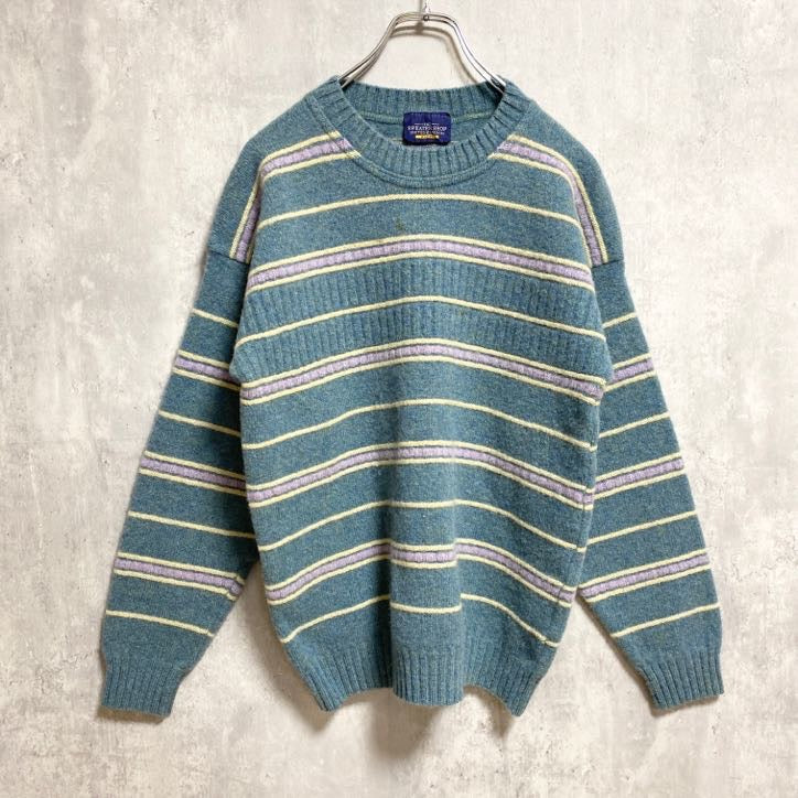 SWEATERSHOP　長袖ボーダー柄ニット　セーター　クルーネック　水色　ライトブルー　イギリス製　Mサイズ　古着