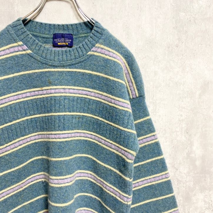 SWEATERSHOP　長袖ボーダー柄ニット　セーター　クルーネック　水色　ライトブルー　イギリス製　Mサイズ　古着
