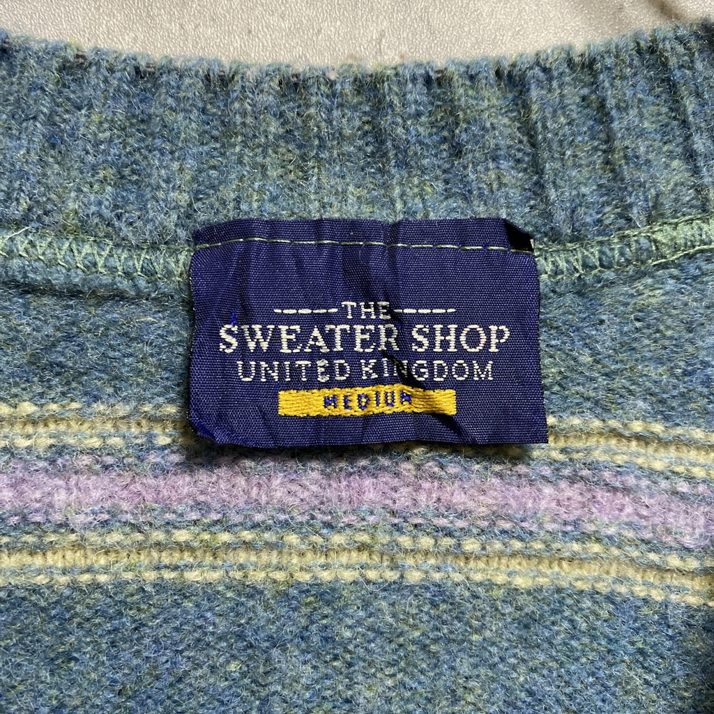 SWEATERSHOP　長袖ボーダー柄ニット　セーター　クルーネック　水色　ライトブルー　イギリス製　Mサイズ　古着