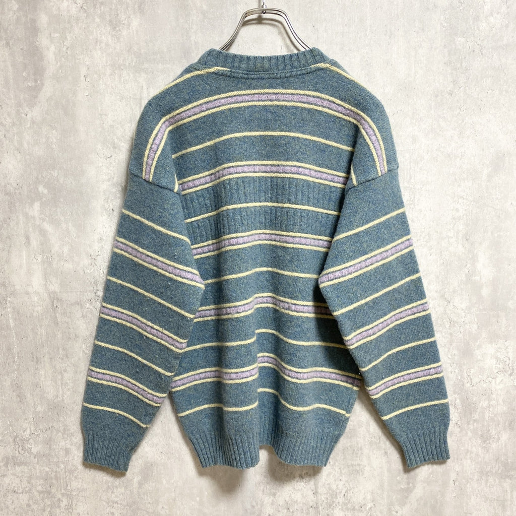 SWEATERSHOP　長袖ボーダー柄ニット　セーター　クルーネック　水色　ライトブルー　イギリス製　Mサイズ　古着