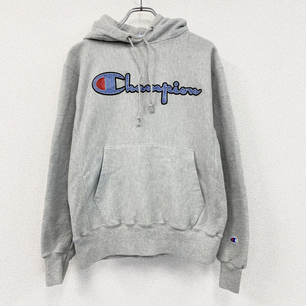 Champion　チャンピオン　リバースウィーブ　スウェットパーカー/フーディー　刺繍ロゴ　霜降りグレー　Mサイズ　古着