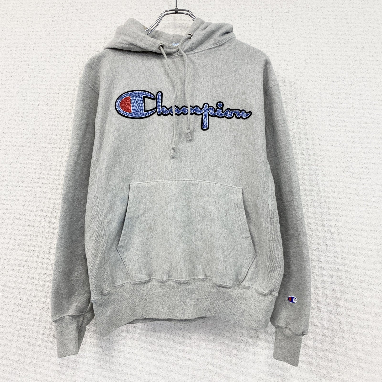 Champion　チャンピオン　リバースウィーブ　スウェットパーカー/フーディー　刺繍ロゴ　霜降りグレー　Mサイズ　古着