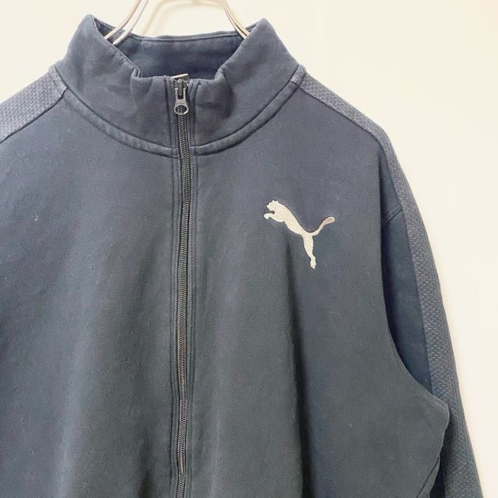 PUMA プーマ　長袖フルジップワンポイントロゴ刺繍スウェット　トレーナー　ハイネック　ブラック　Lサイズ　古着
