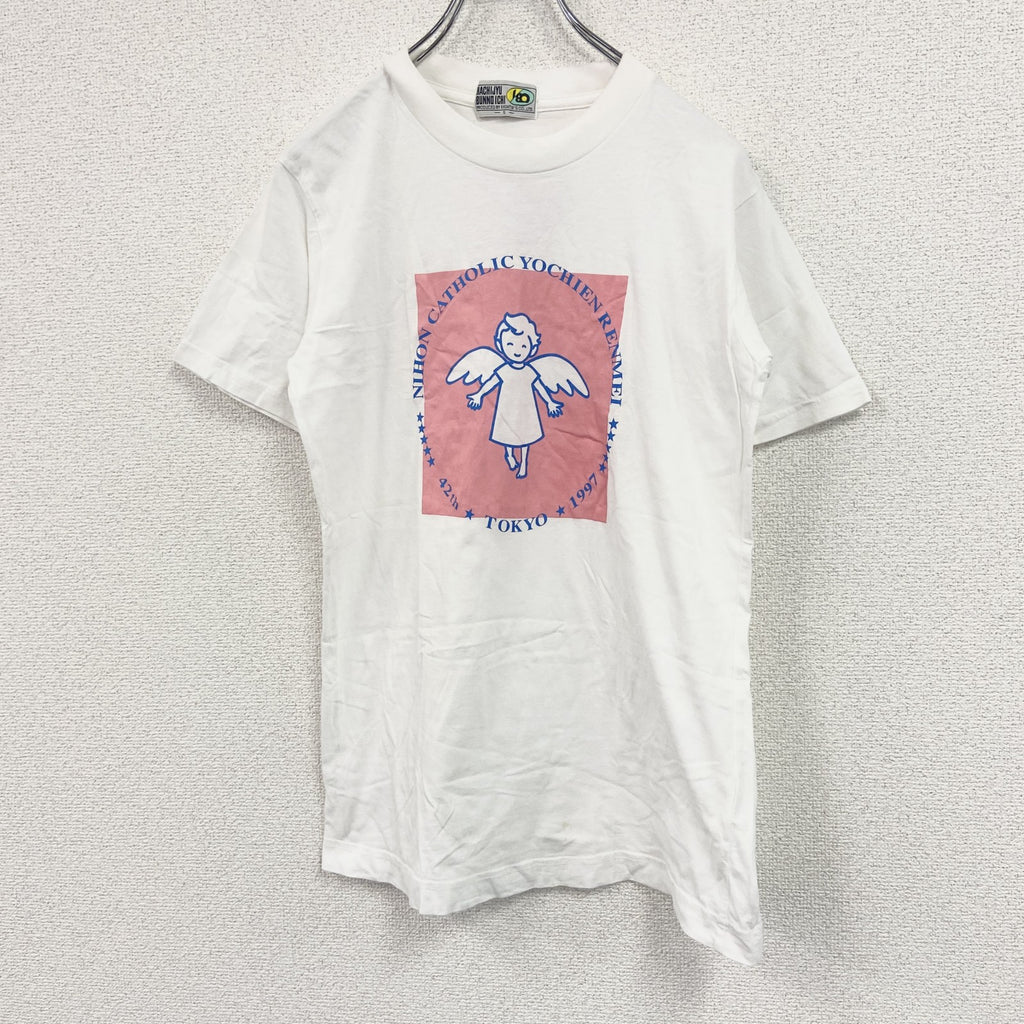 90s　HACHIJYUBUNNO ICHI　半袖プリントTシャツ　天使　ヴィンテージ　白　ホワイト　Sサイズ カットソー メンズ コットン 古着