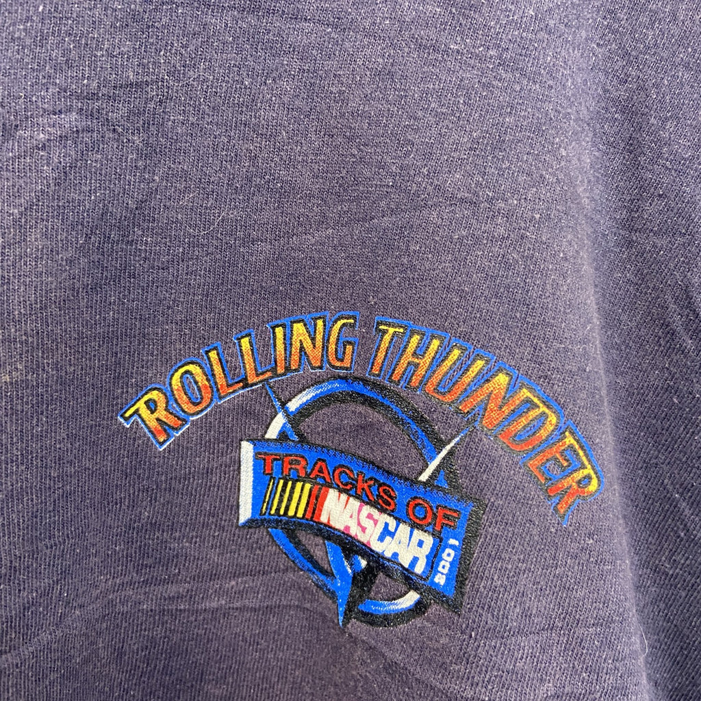00s　ROLLING THUNDER　半袖プリントTシャツ　NUSCAR　フェード　アーチプリント　ヴィンテージ　紺　ネイビー　古着