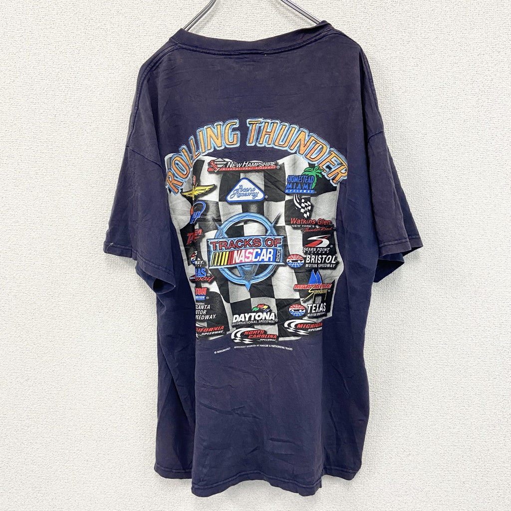 00s　ROLLING THUNDER　半袖プリントTシャツ　NUSCAR　フェード　アーチプリント　ヴィンテージ　紺　ネイビー　古着